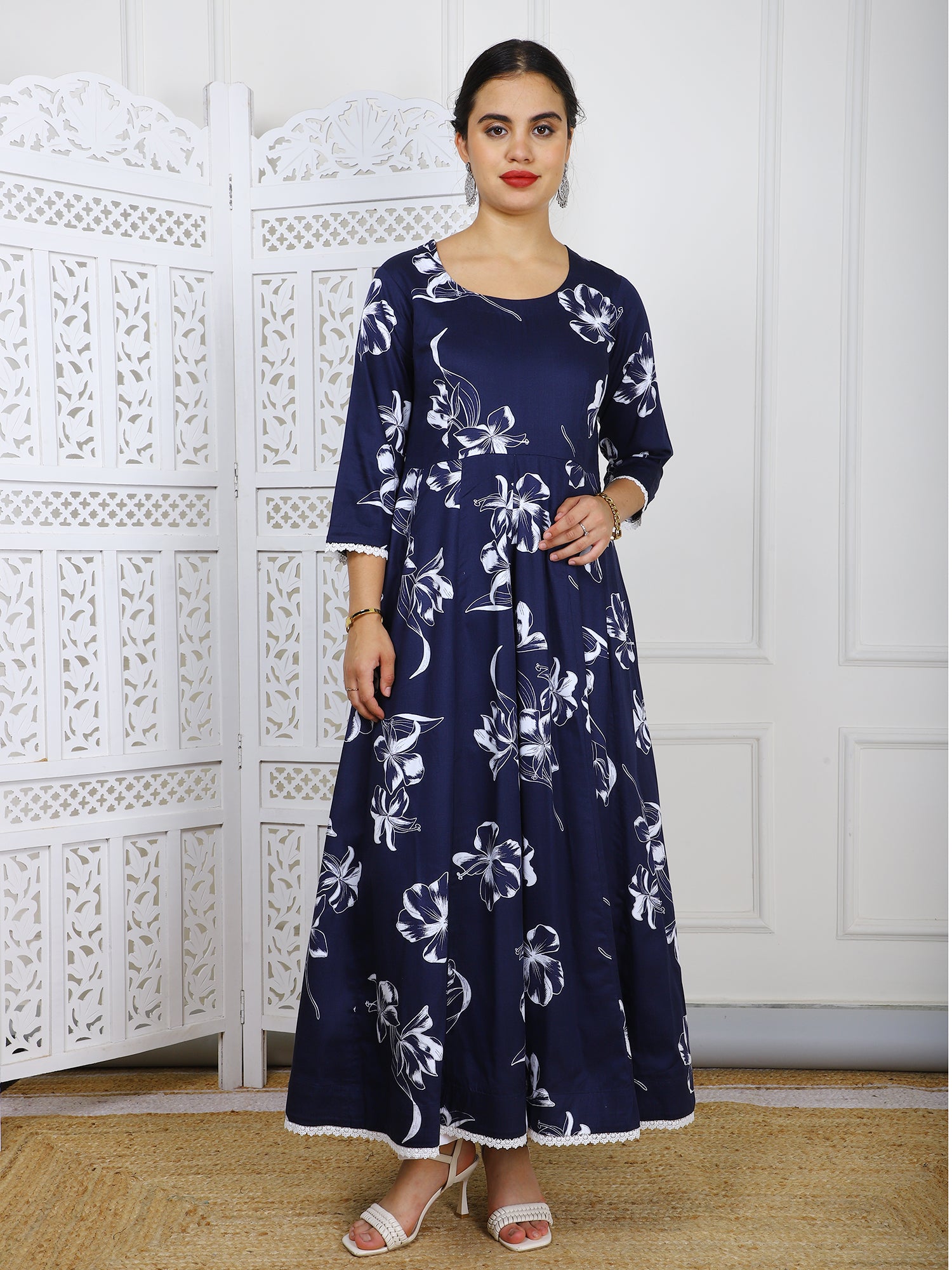 Navy Blue with White Floral Print Cotton Maxi Dress