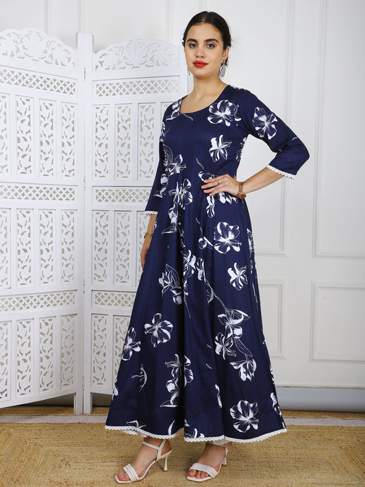 Navy Blue with White Floral Print Cotton Maxi Dress