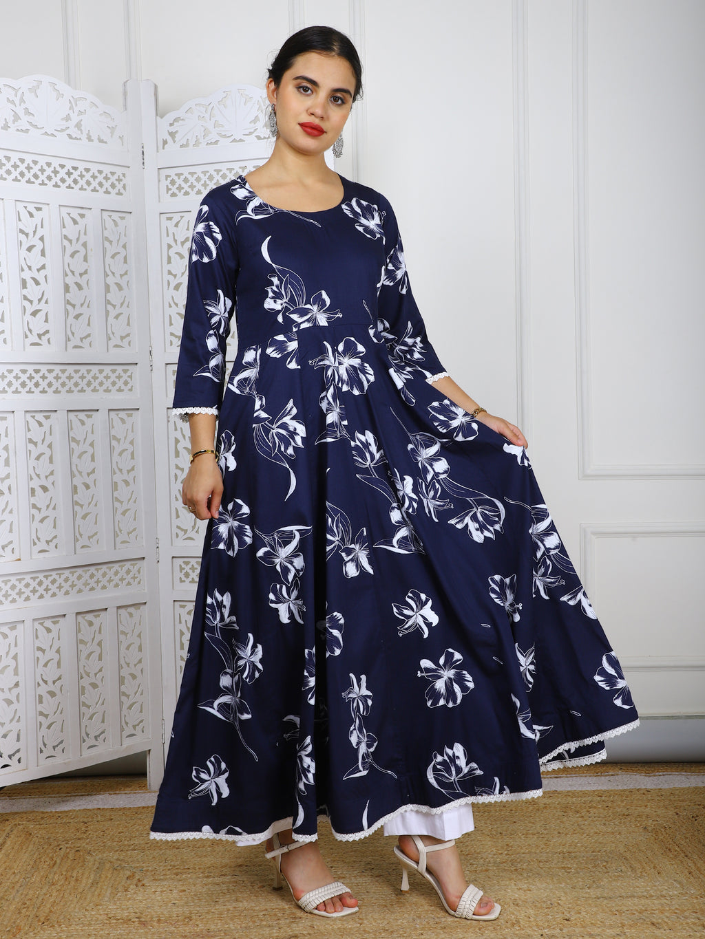 Navy Blue with White Floral Print Cotton Maxi Dress