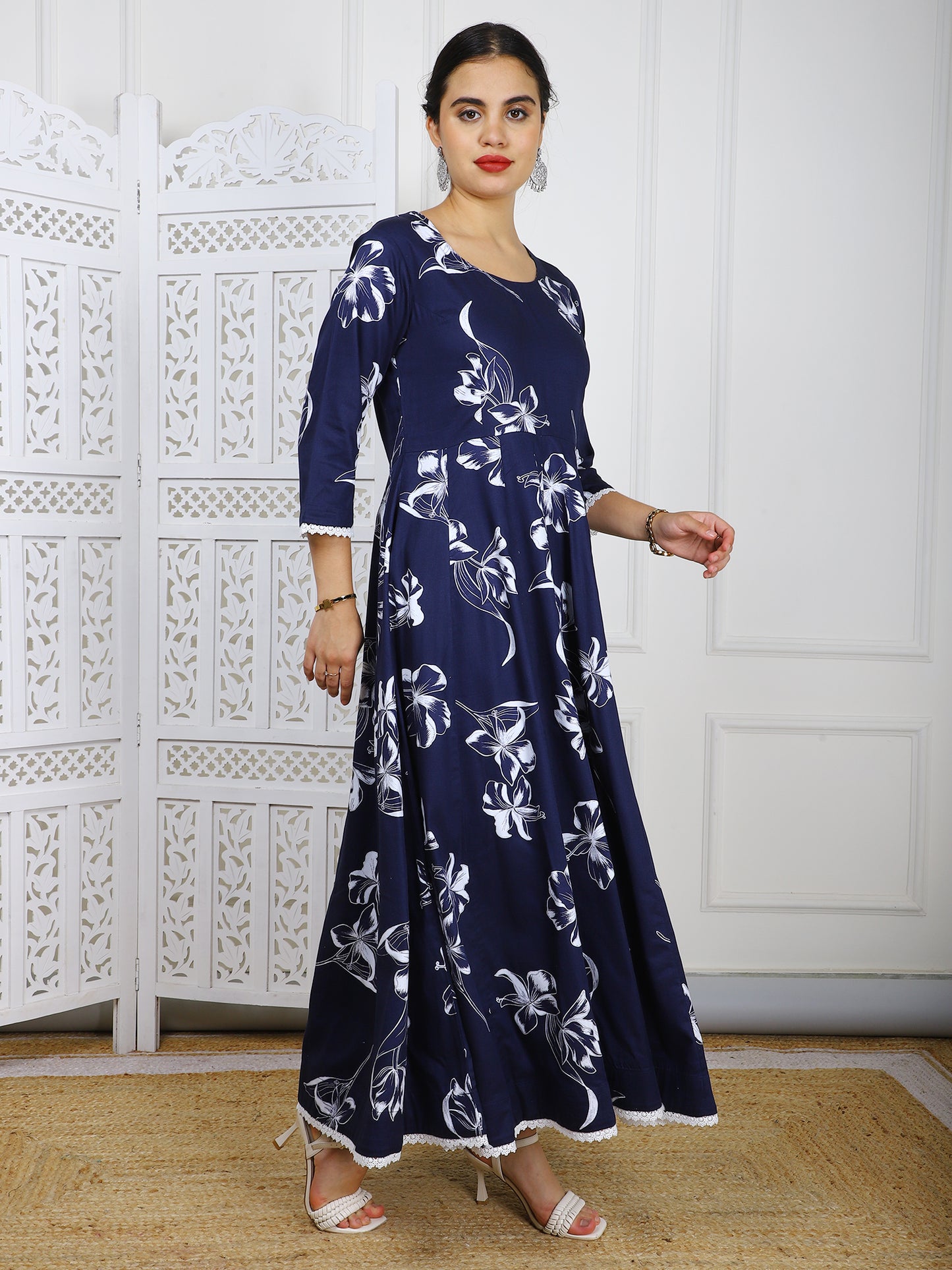 Navy Blue with White Floral Print Cotton Maxi Dress