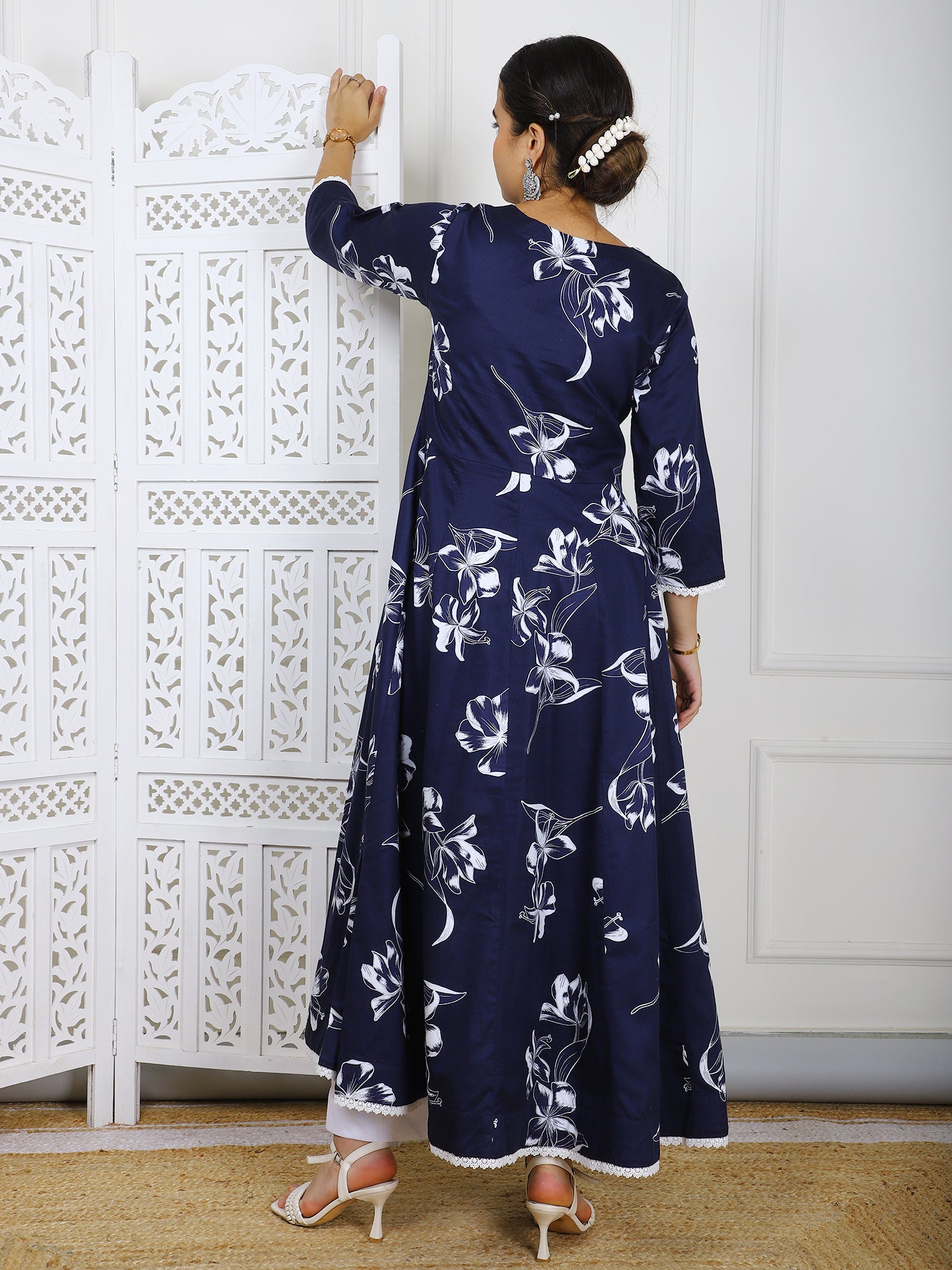 Navy Blue with White Floral Print Cotton Maxi Dress