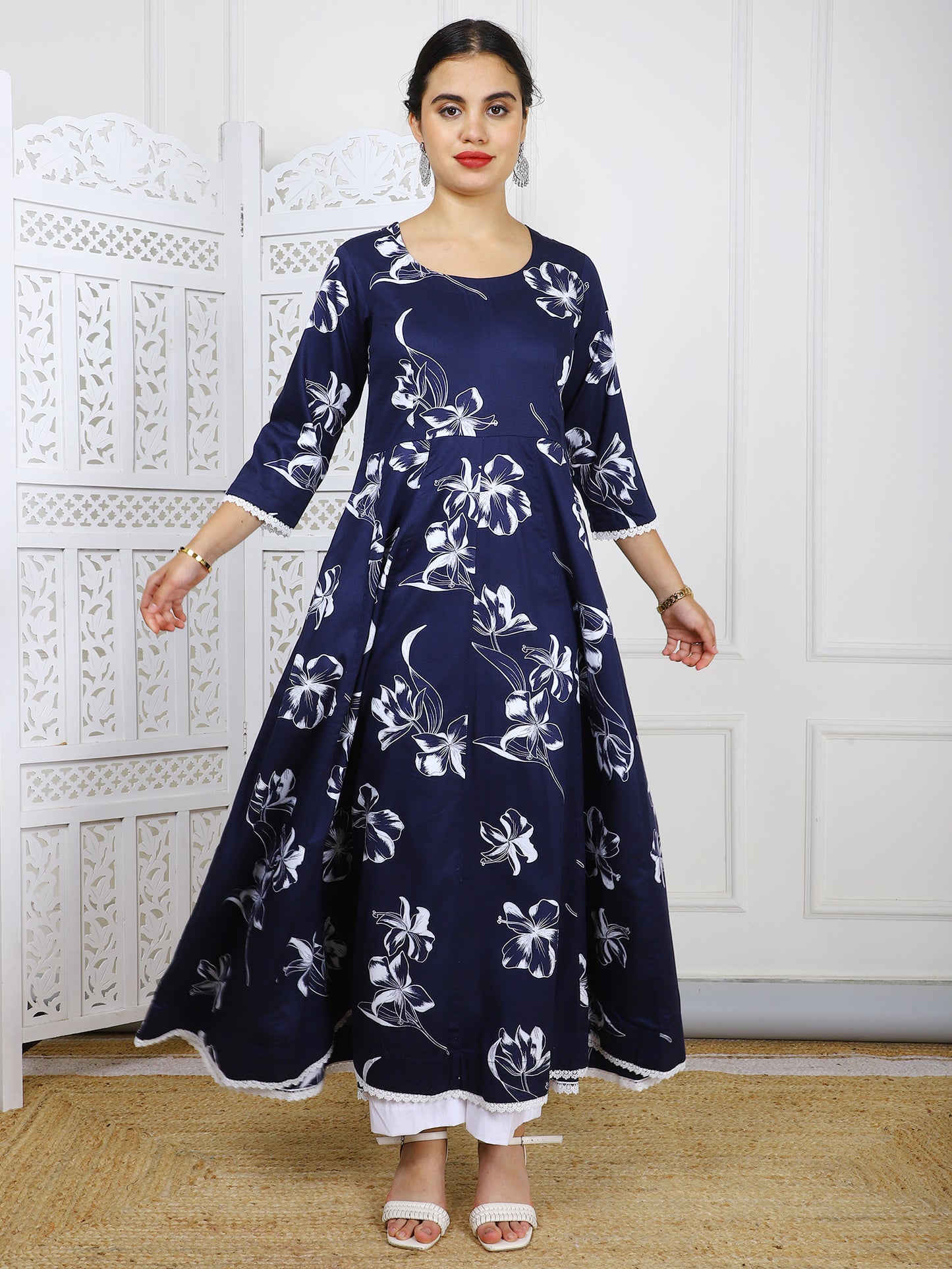 Navy Blue with White Floral Print Cotton Maxi Dress