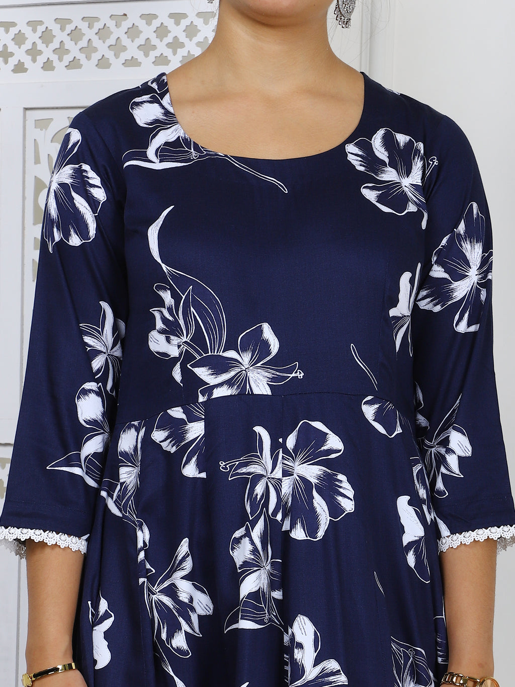 Navy Blue with White Floral Print Cotton Maxi Dress