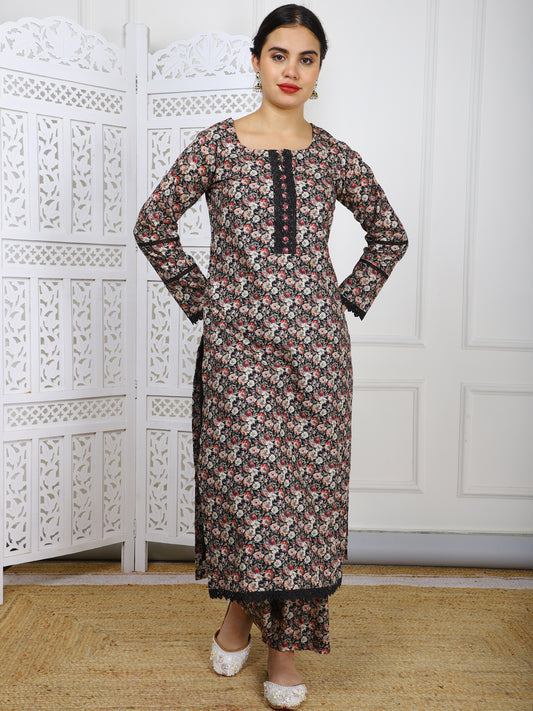 Black Floral Cotton Simmer Suit - Elegant Casual Wear with Lace Borders