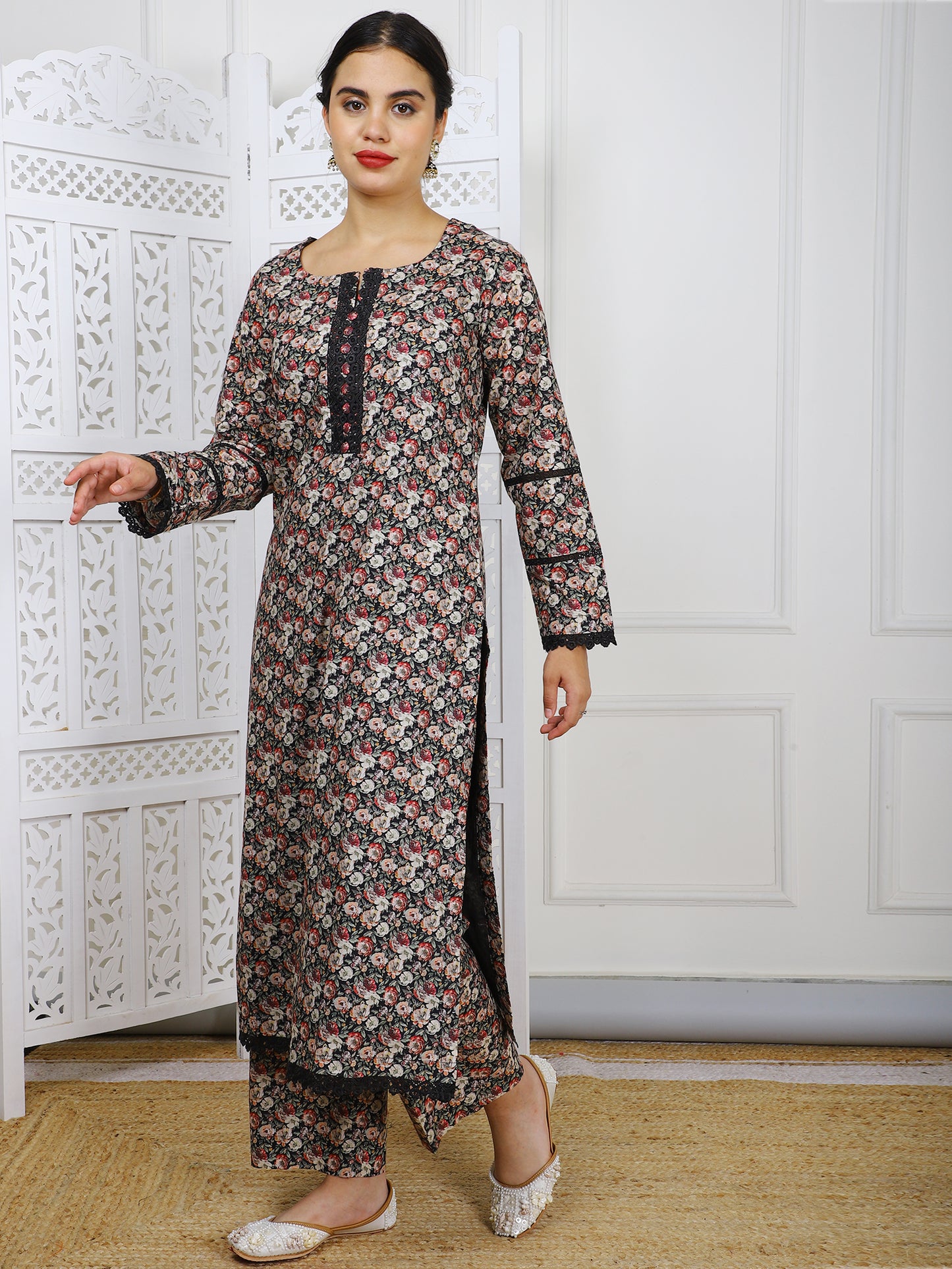 Black Floral Cotton Simmer Suit - Elegant Casual Wear with Lace Borders