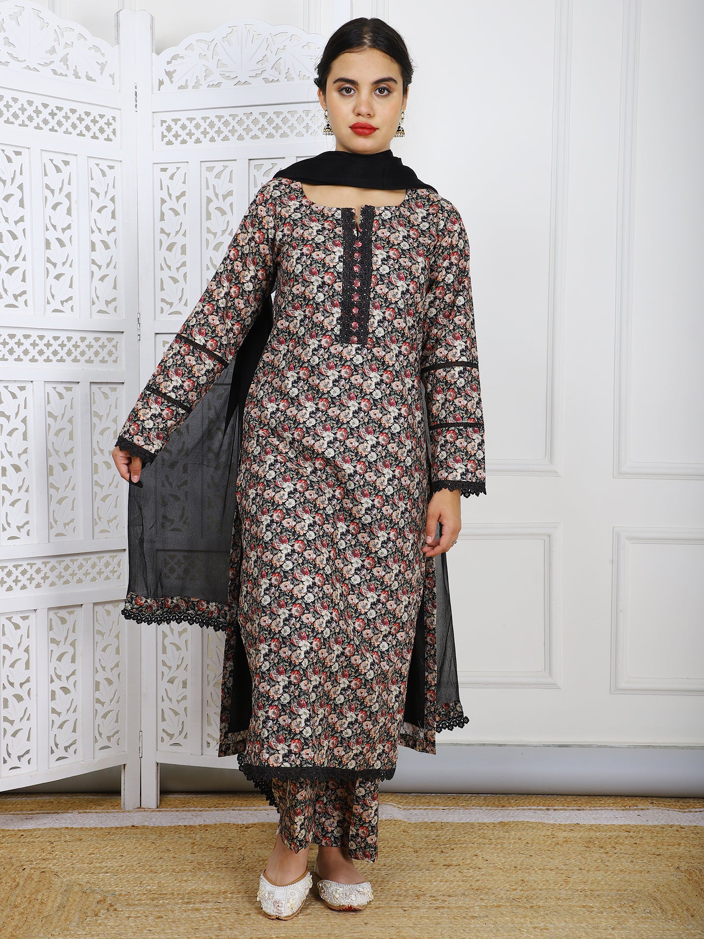 Black Floral Cotton Simmer Suit - Elegant Casual Wear with Lace Borders