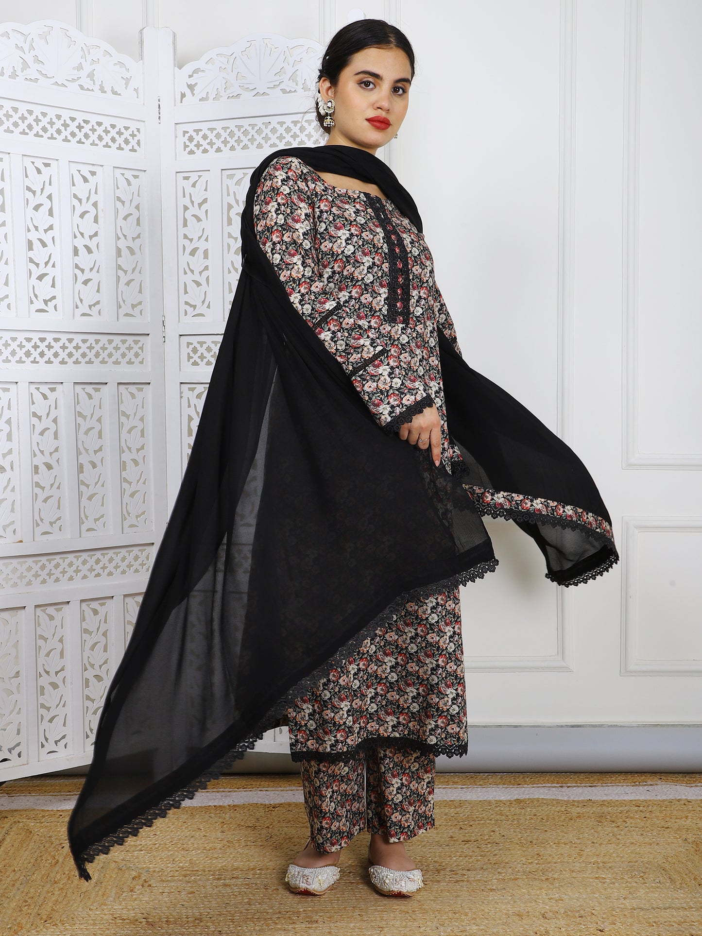 Black Floral Cotton Simmer Suit - Elegant Casual Wear with Lace Borders