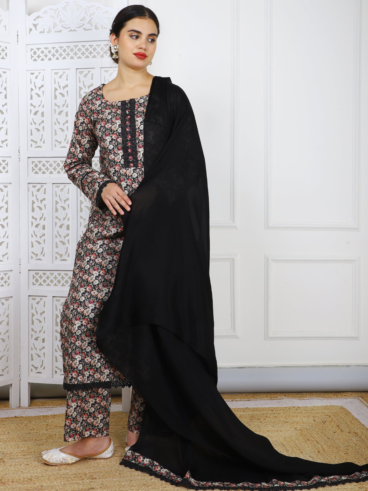 Black Floral Cotton Simmer Suit - Elegant Casual Wear with Lace Borders