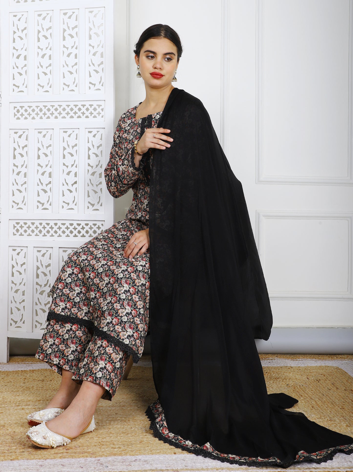 Black Floral Cotton Simmer Suit - Elegant Casual Wear with Lace Borders