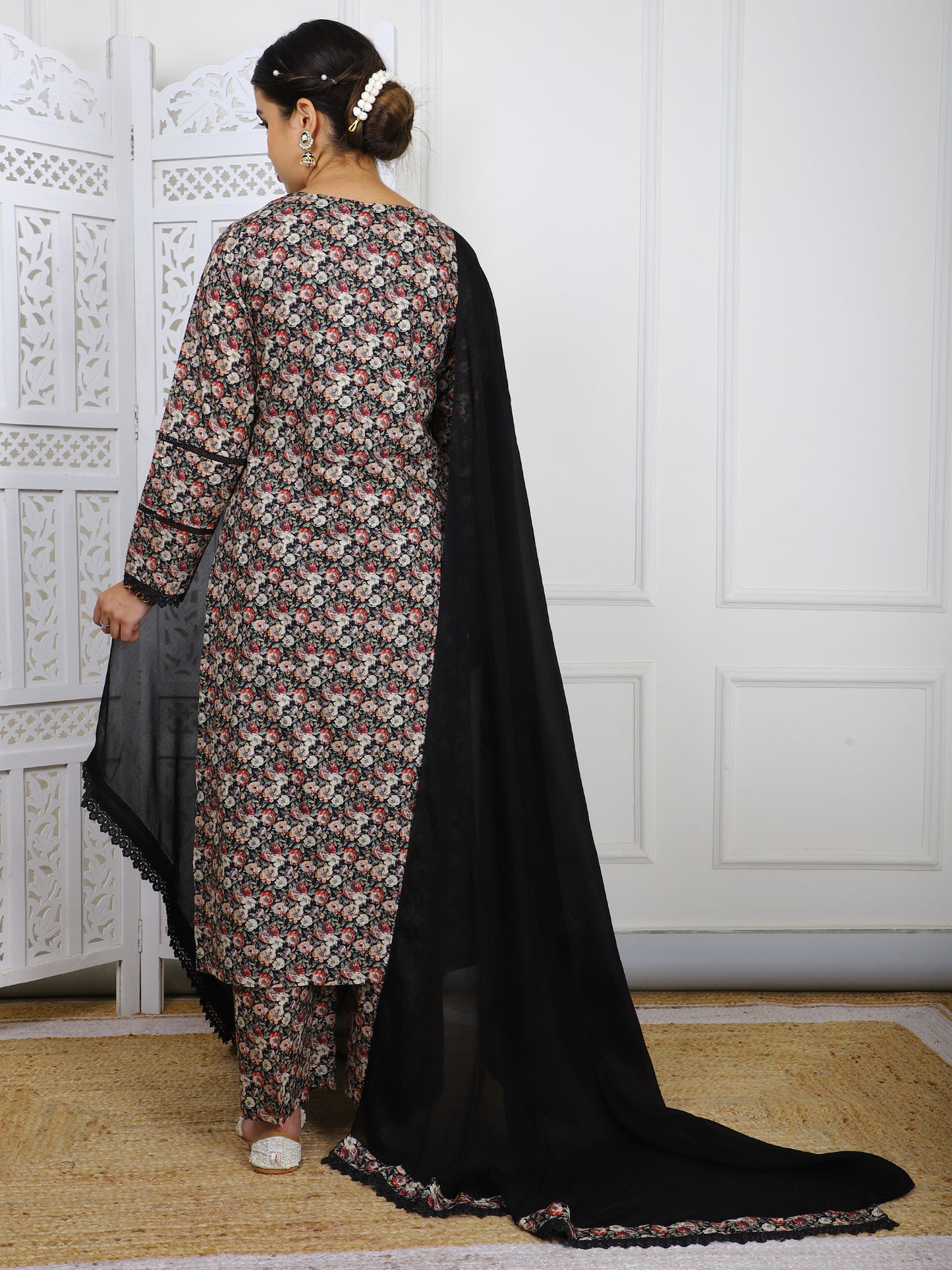 Black Floral Cotton Simmer Suit - Elegant Casual Wear with Lace Borders