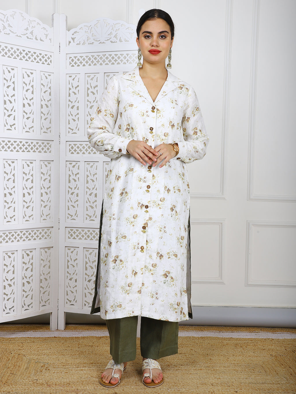 Natural Linen Hand-Embroidered Kurti Set