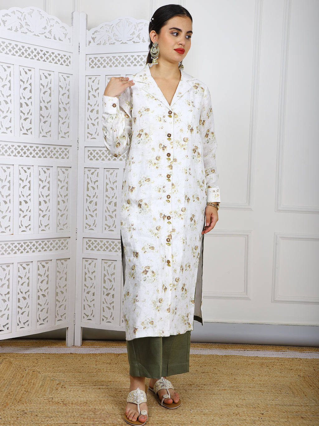 Natural Linen Hand-Embroidered Kurti Set