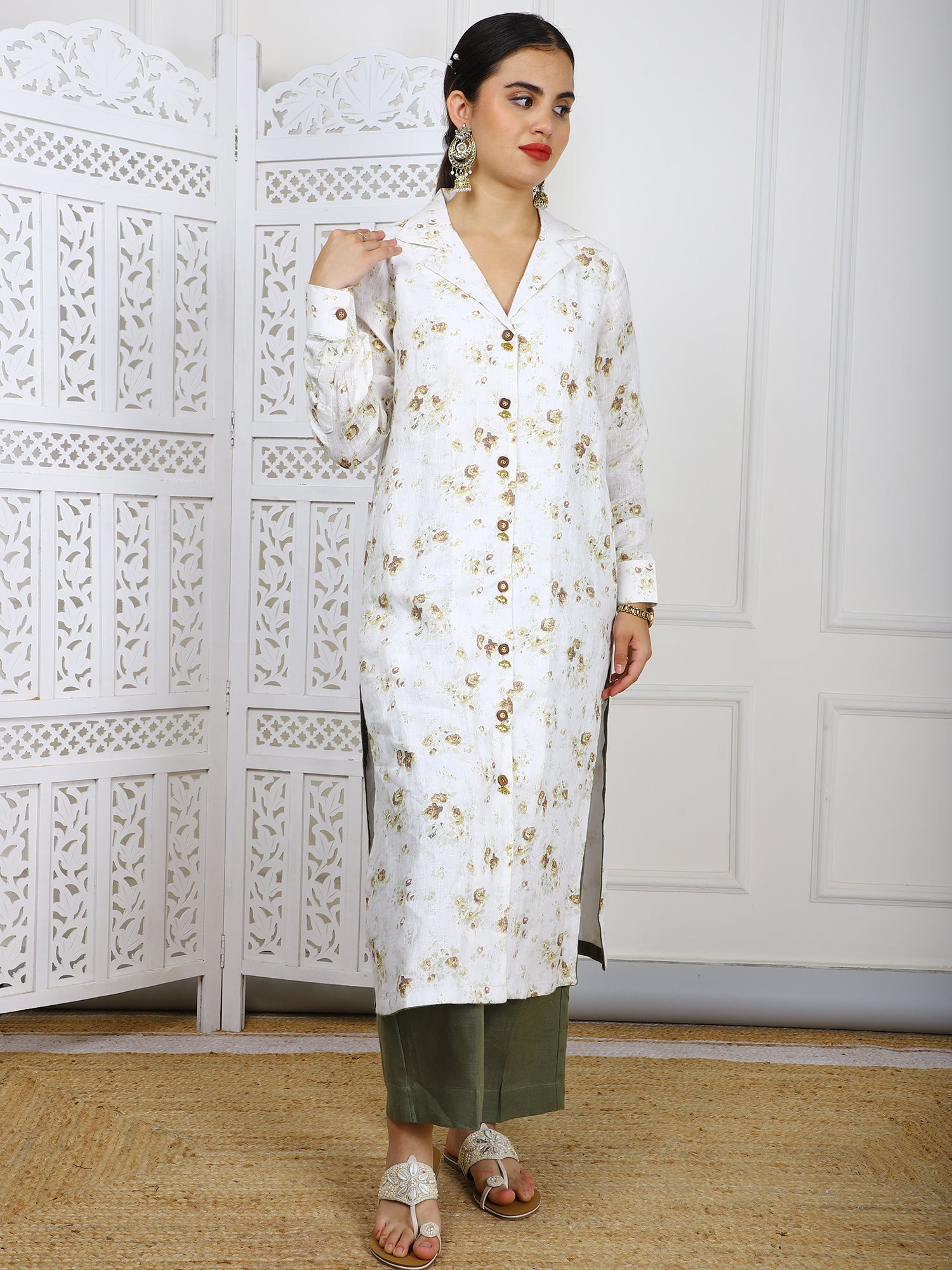Natural Linen Hand-Embroidered Kurti Set