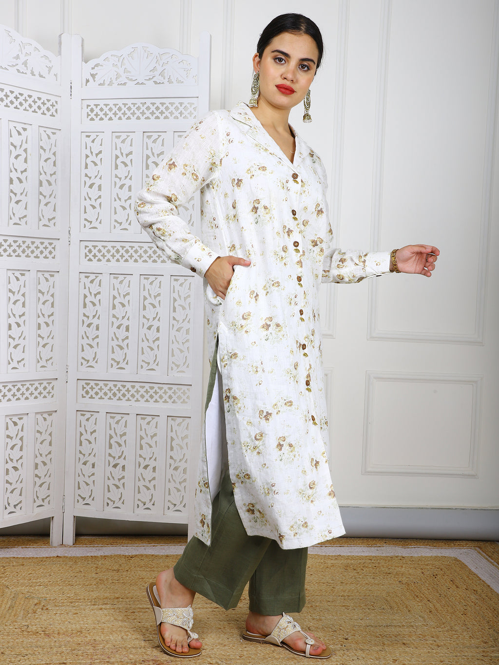 Natural Linen Hand-Embroidered Kurti Set