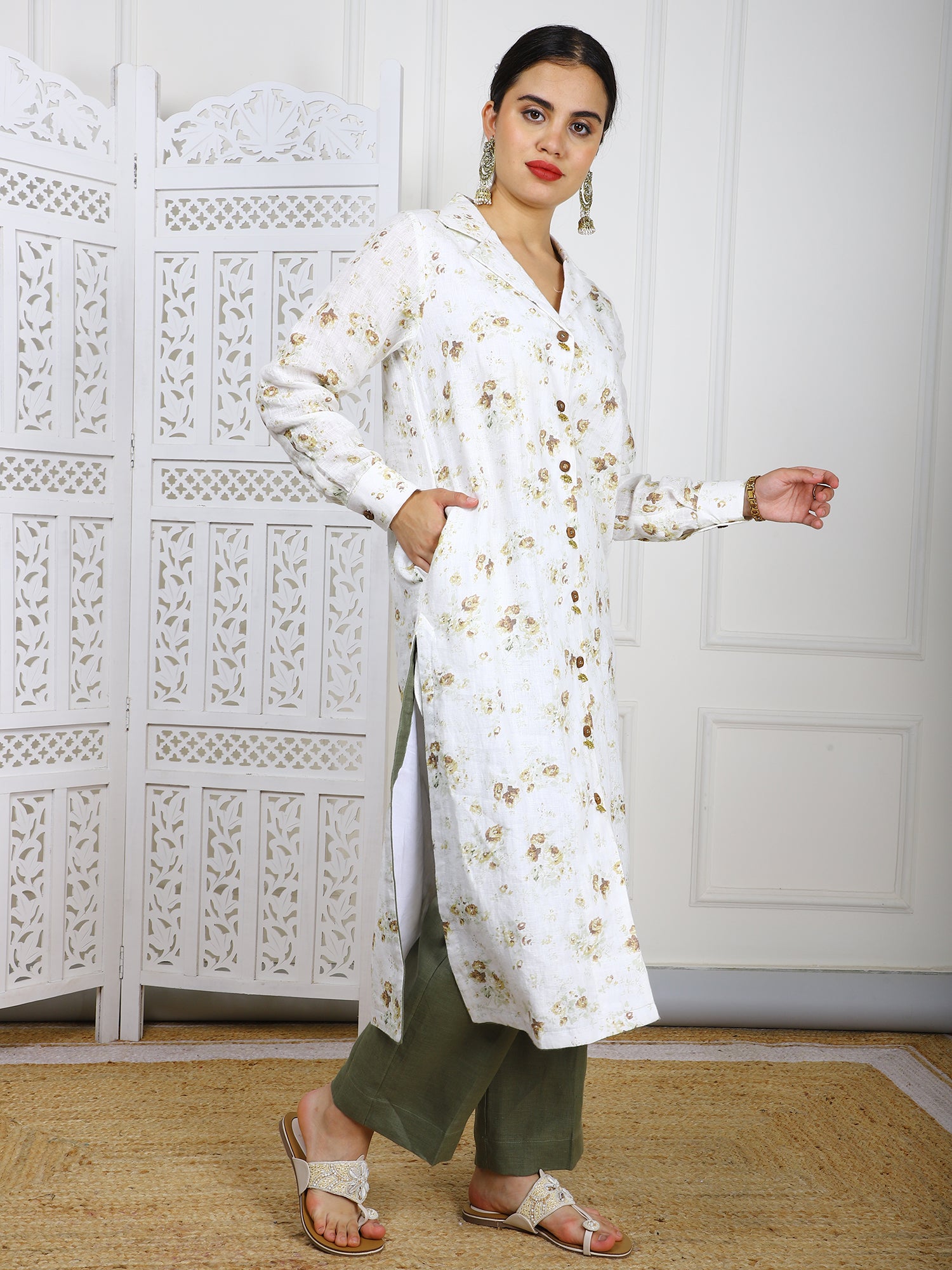 Natural Linen Hand-Embroidered Kurti Set