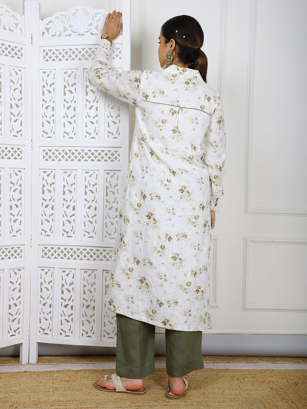 Natural Linen Hand-Embroidered Kurti Set