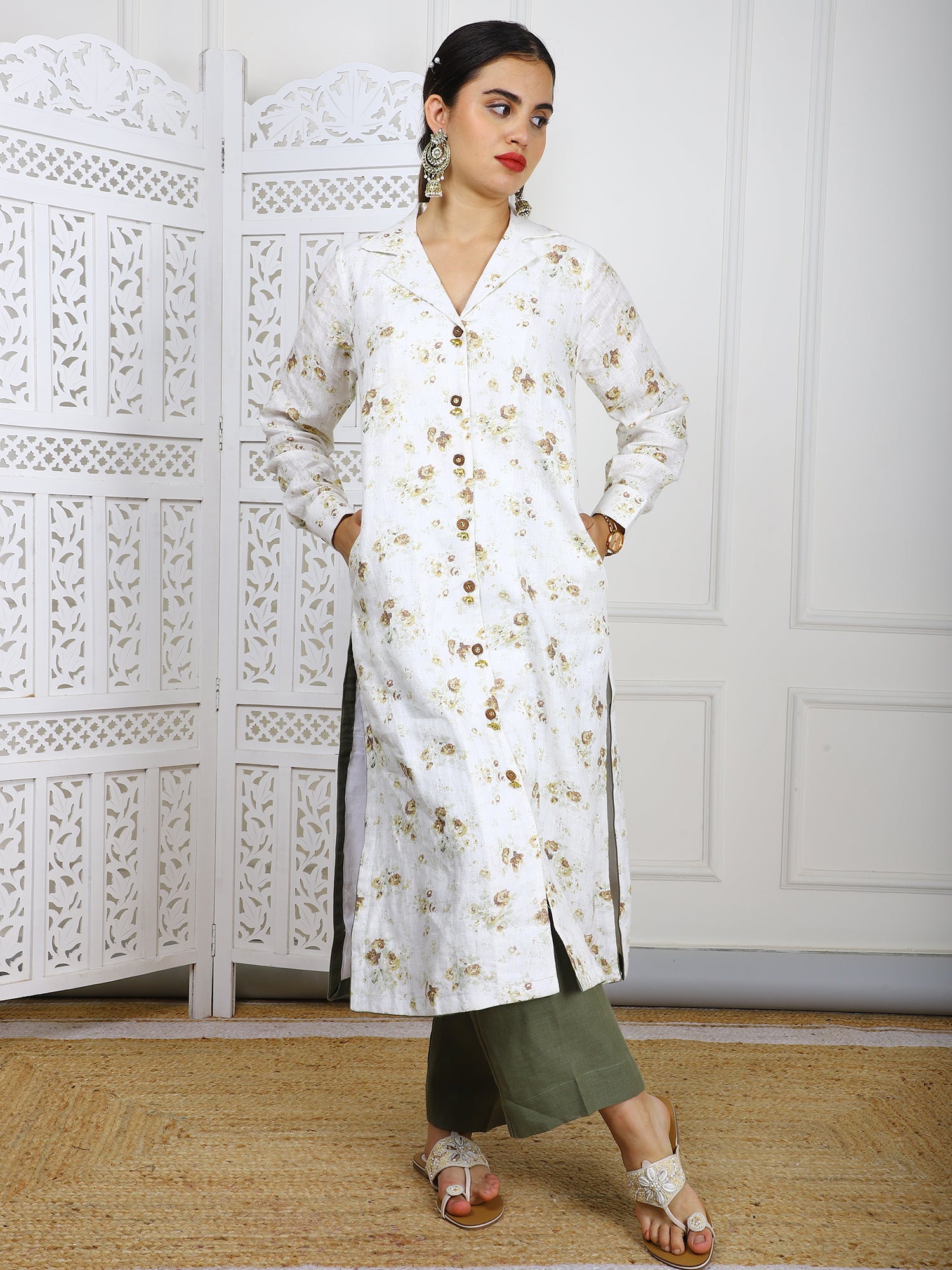Natural Linen Hand-Embroidered Kurti Set