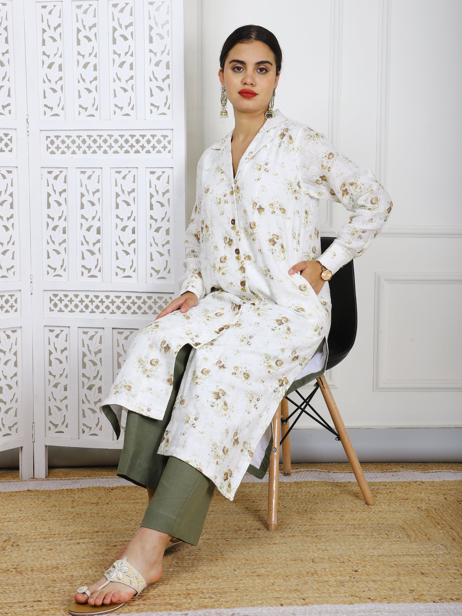 Natural Linen Hand-Embroidered Kurti Set