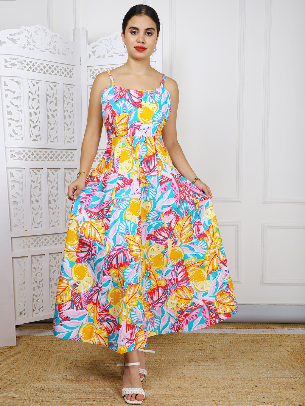 Tropical Print Cotton Maxi Dress
