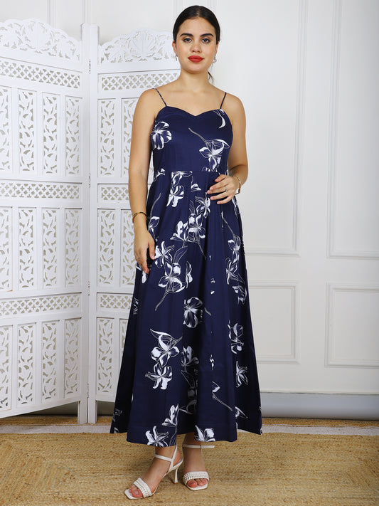 Navy Blue Floral Cotton Maxi Dress - Elegant Casual Wear with Panel Detailing