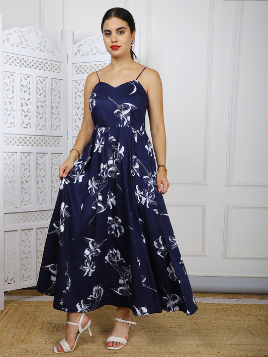 Navy Blue Floral Cotton Maxi Dress - Elegant Casual Wear with Panel Detailing