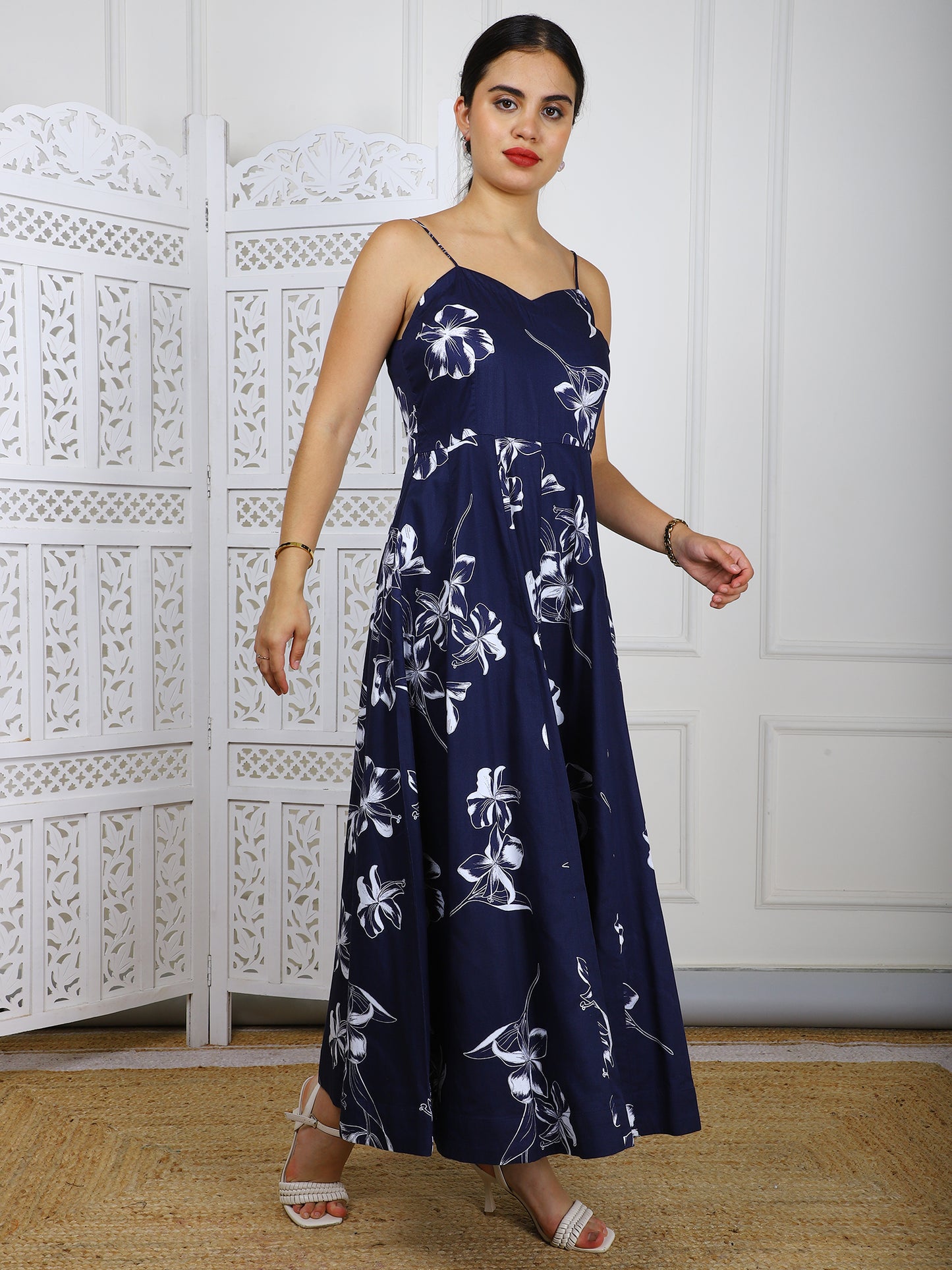Navy Blue Floral Cotton Maxi Dress - Elegant Casual Wear with Panel Detailing