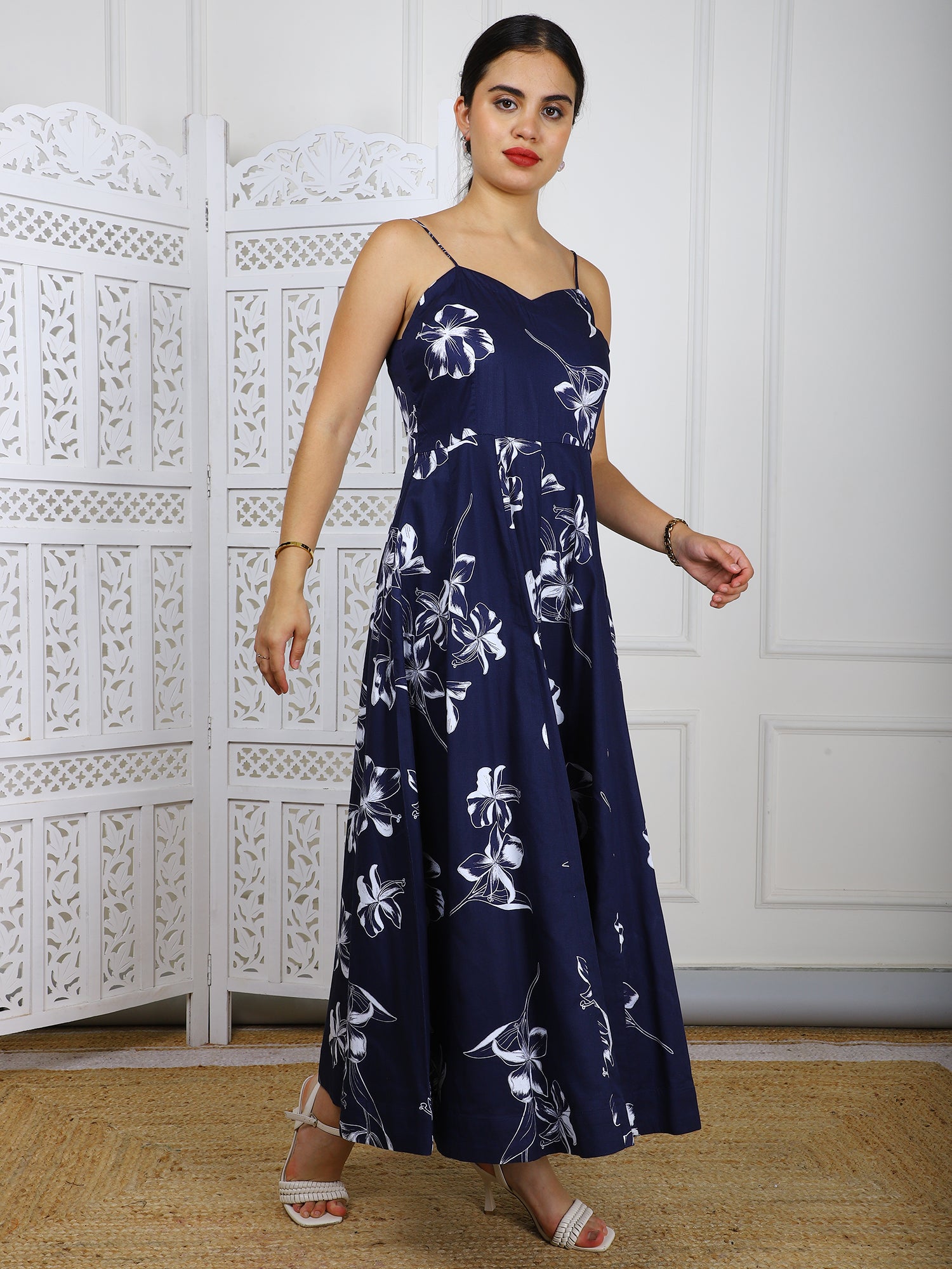 Navy Blue Floral Cotton Maxi Dress