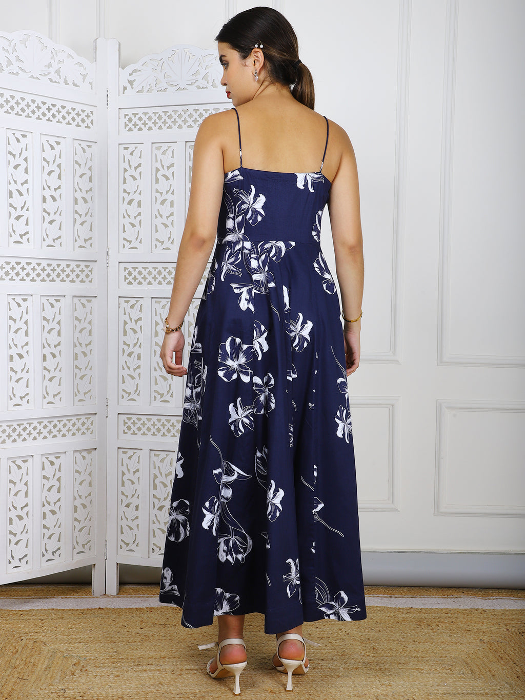 Navy Blue Floral Cotton Maxi Dress