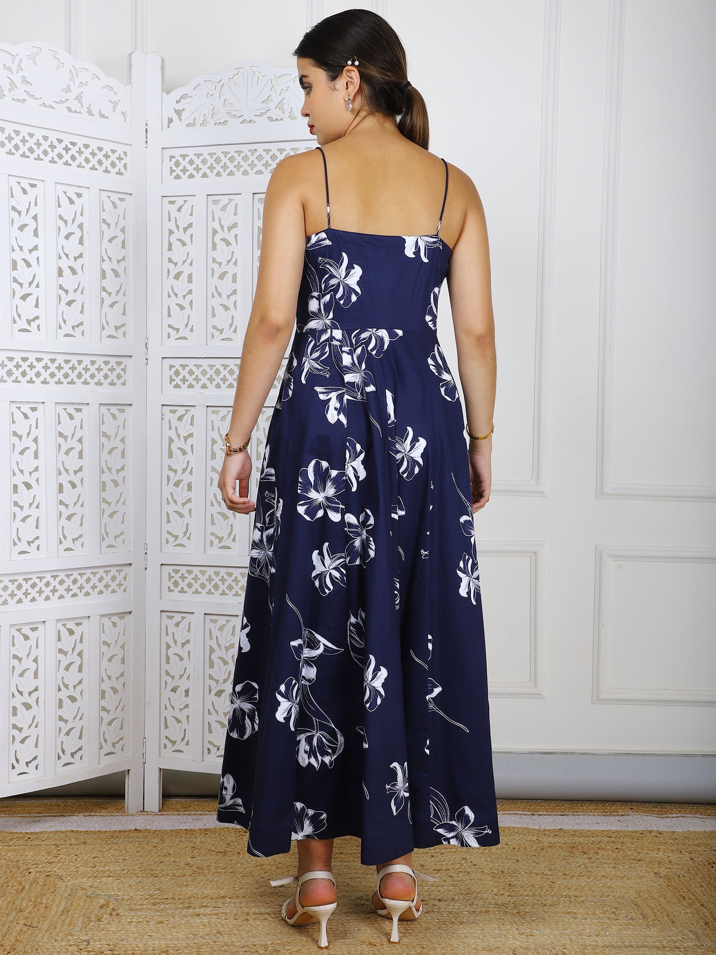 Navy Blue Floral Cotton Maxi Dress - Elegant Casual Wear with Panel Detailing