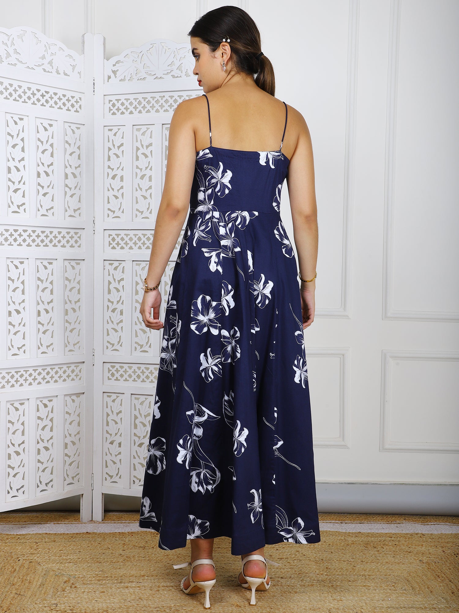 Navy Blue Floral Cotton Maxi Dress