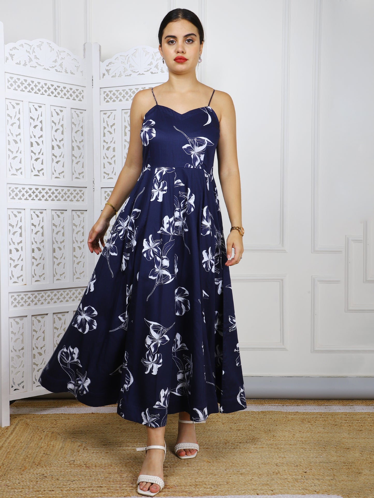 Navy Blue Floral Cotton Maxi Dress - Elegant Casual Wear with Panel Detailing