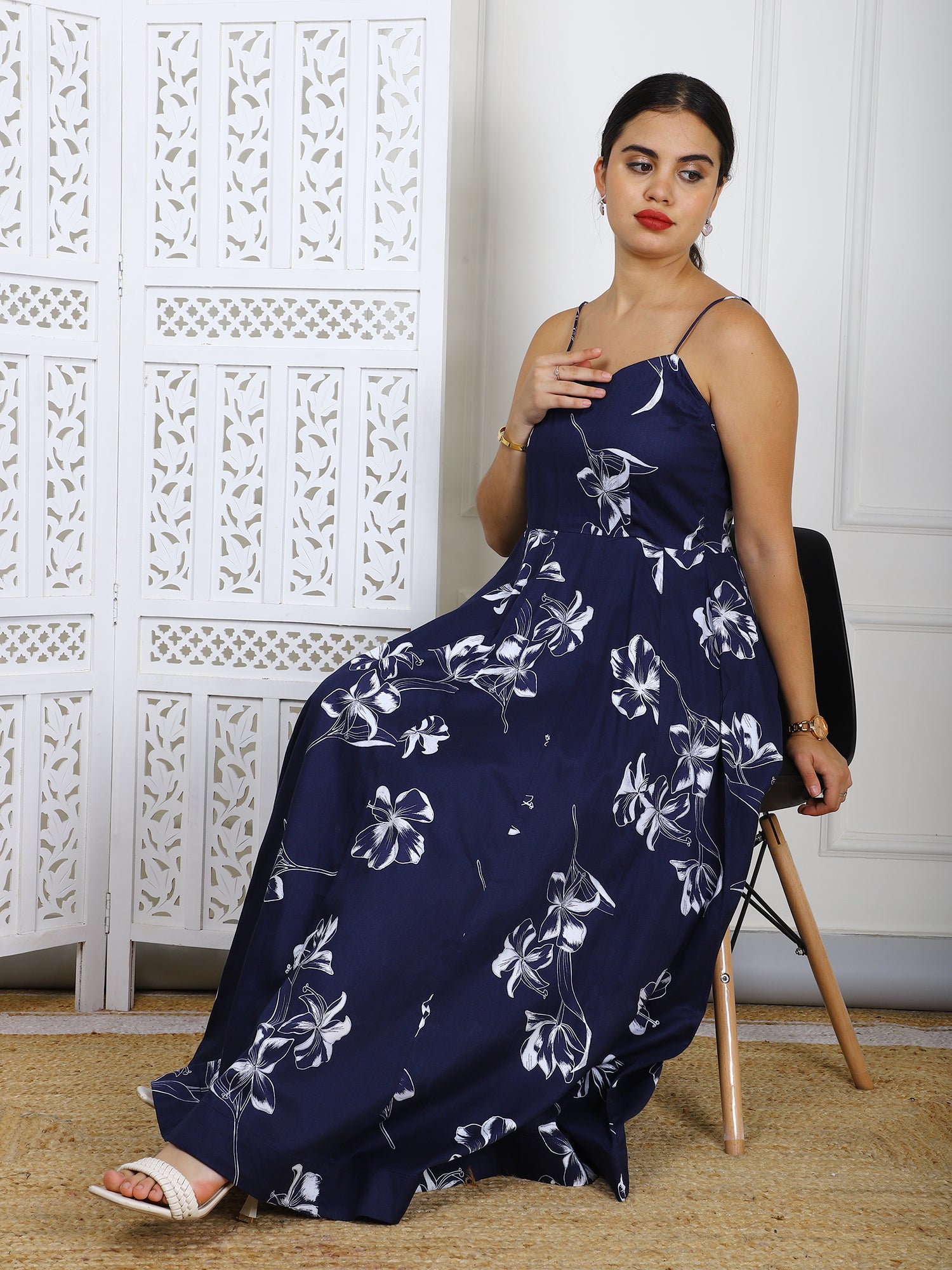 Navy Blue Floral Cotton Maxi Dress