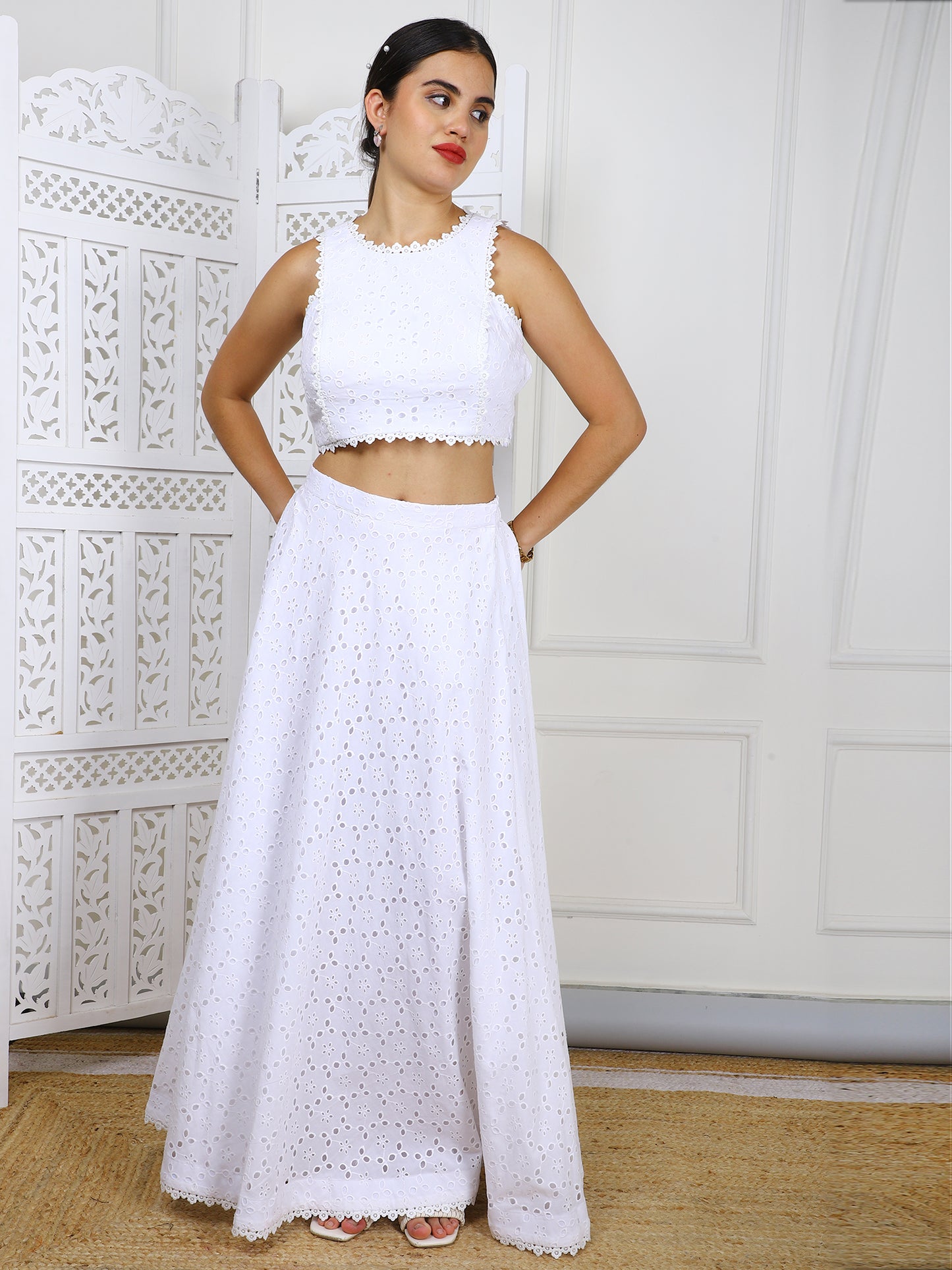 White Cotton Eyelet Crop Top & Skirt Set - Elegant Embroidered Casual Outfit