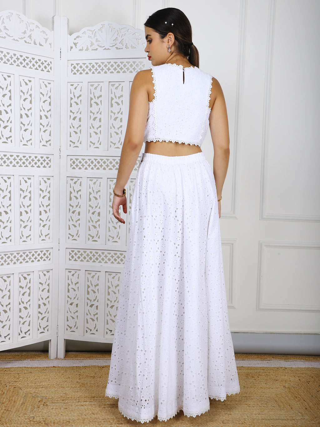 White Cotton Eyelet Crop Top & Skirt Set