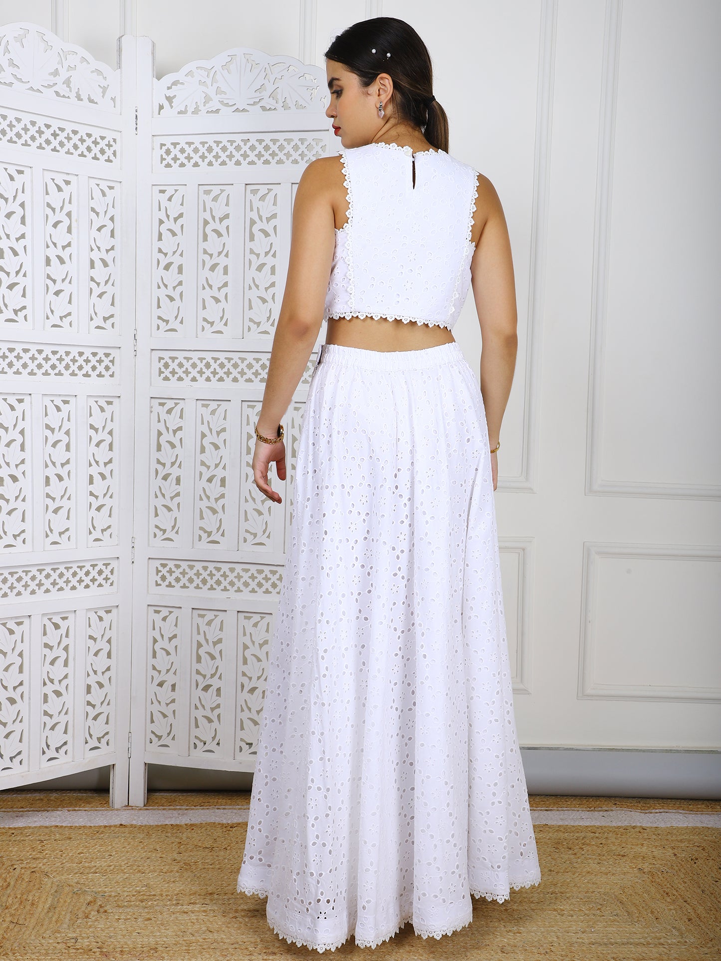 White Cotton Eyelet Crop Top & Skirt Set - Elegant Embroidered Casual Outfit