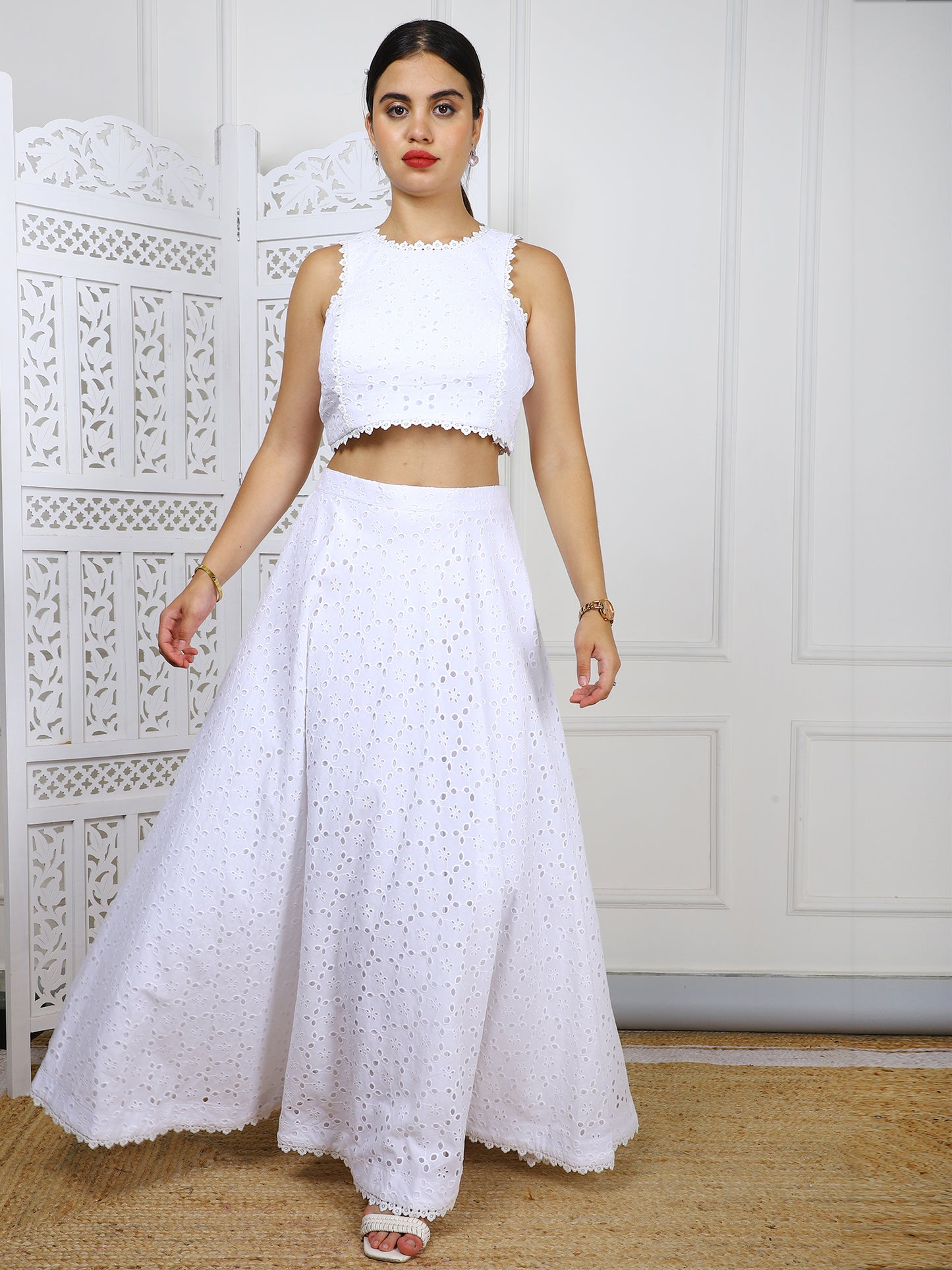 White Cotton Eyelet Crop Top & Skirt Set - Elegant Embroidered Casual Outfit