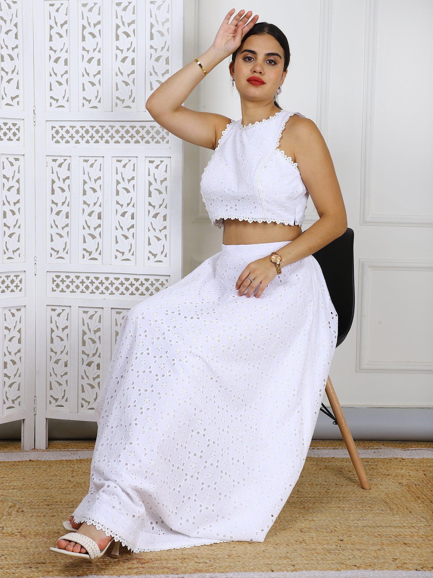 White Cotton Eyelet Crop Top & Skirt Set - Elegant Embroidered Casual Outfit