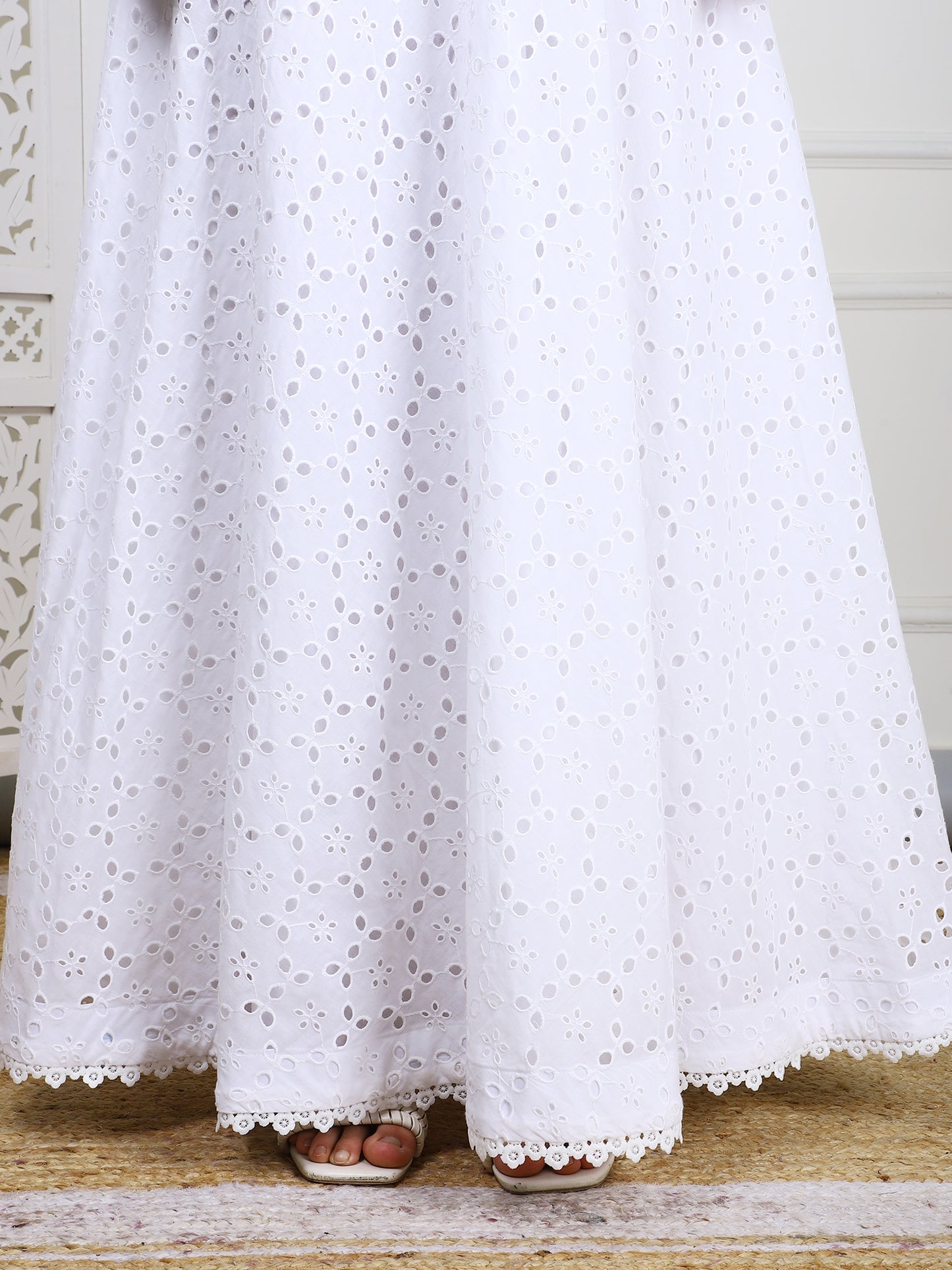 White Cotton Eyelet Crop Top & Skirt Set - Elegant Embroidered Casual Outfit