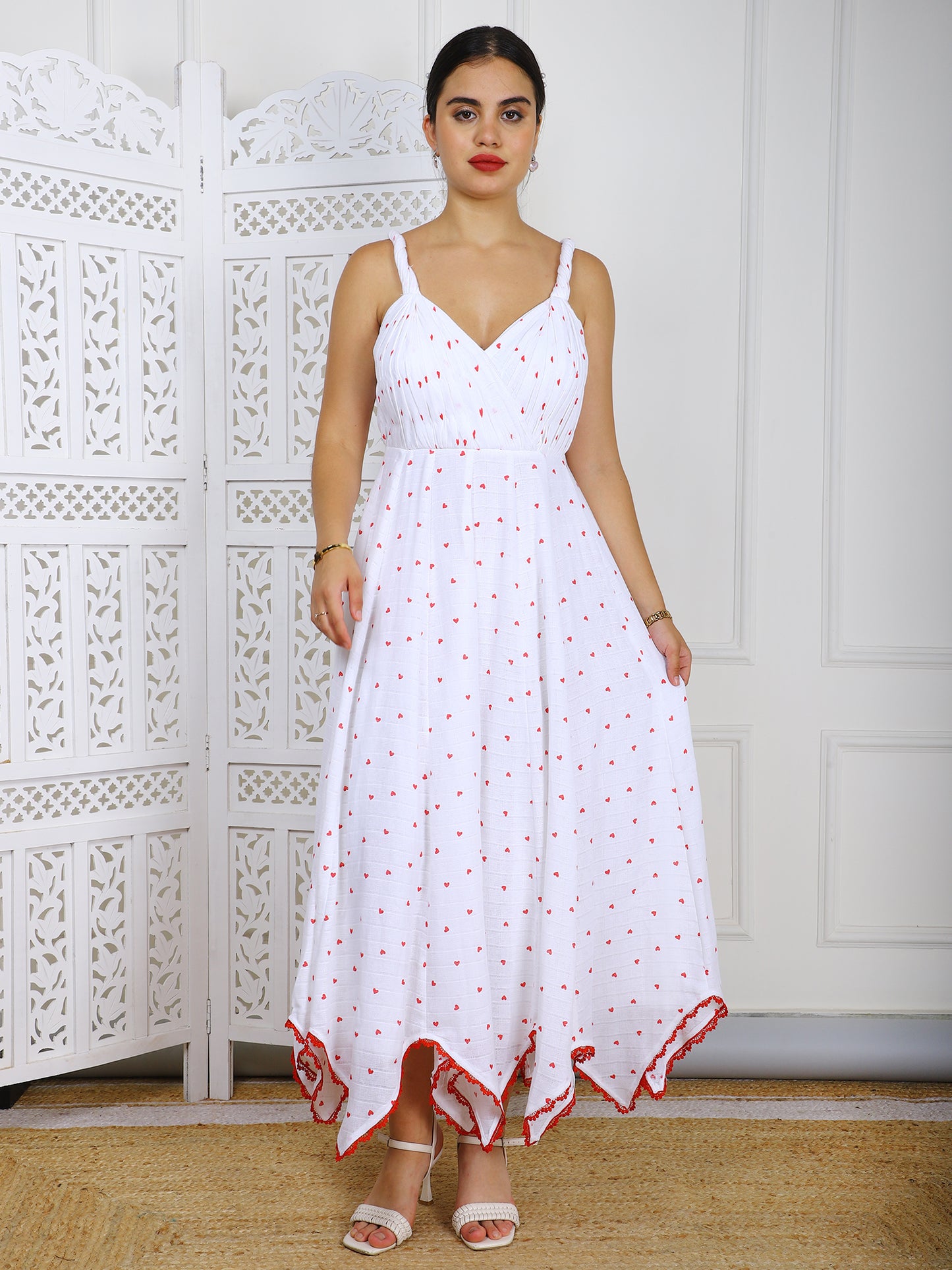 White & Red Kotta Doriya Maxi Dress - Traditional Striped Ethnic Wear