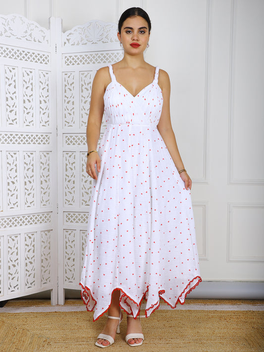 White & Red Kotta Doriya Maxi Dress - Traditional Striped Ethnic Wear