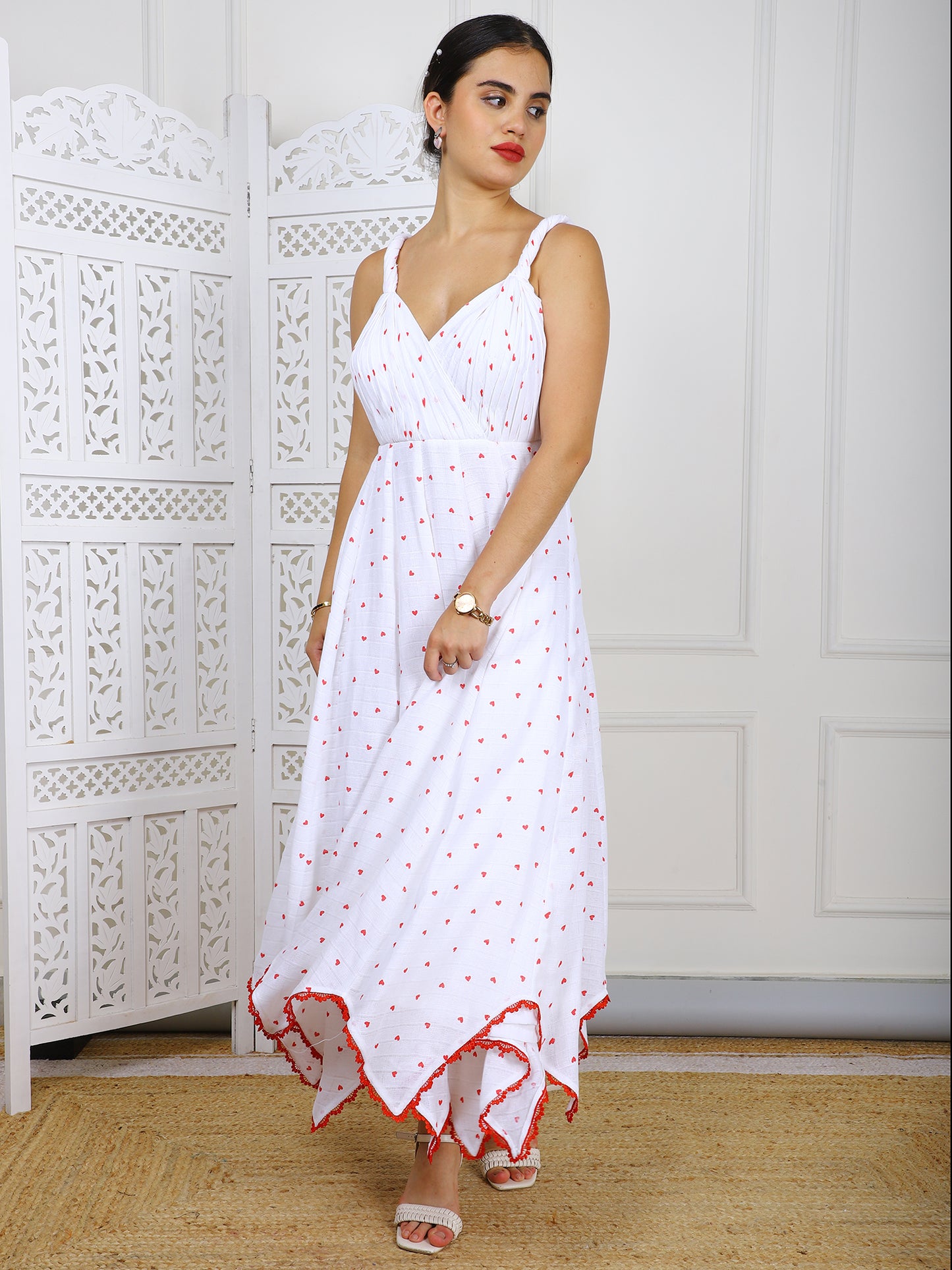 White & Red Kotta Doriya Maxi Dress - Traditional Striped Ethnic Wear