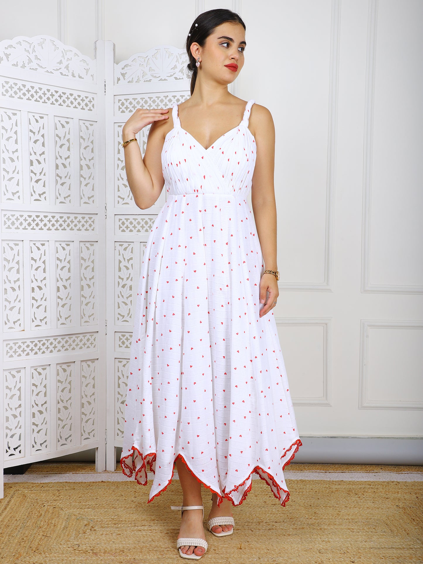 White & Red Kotta Doriya Maxi Dress - Traditional Striped Ethnic Wear