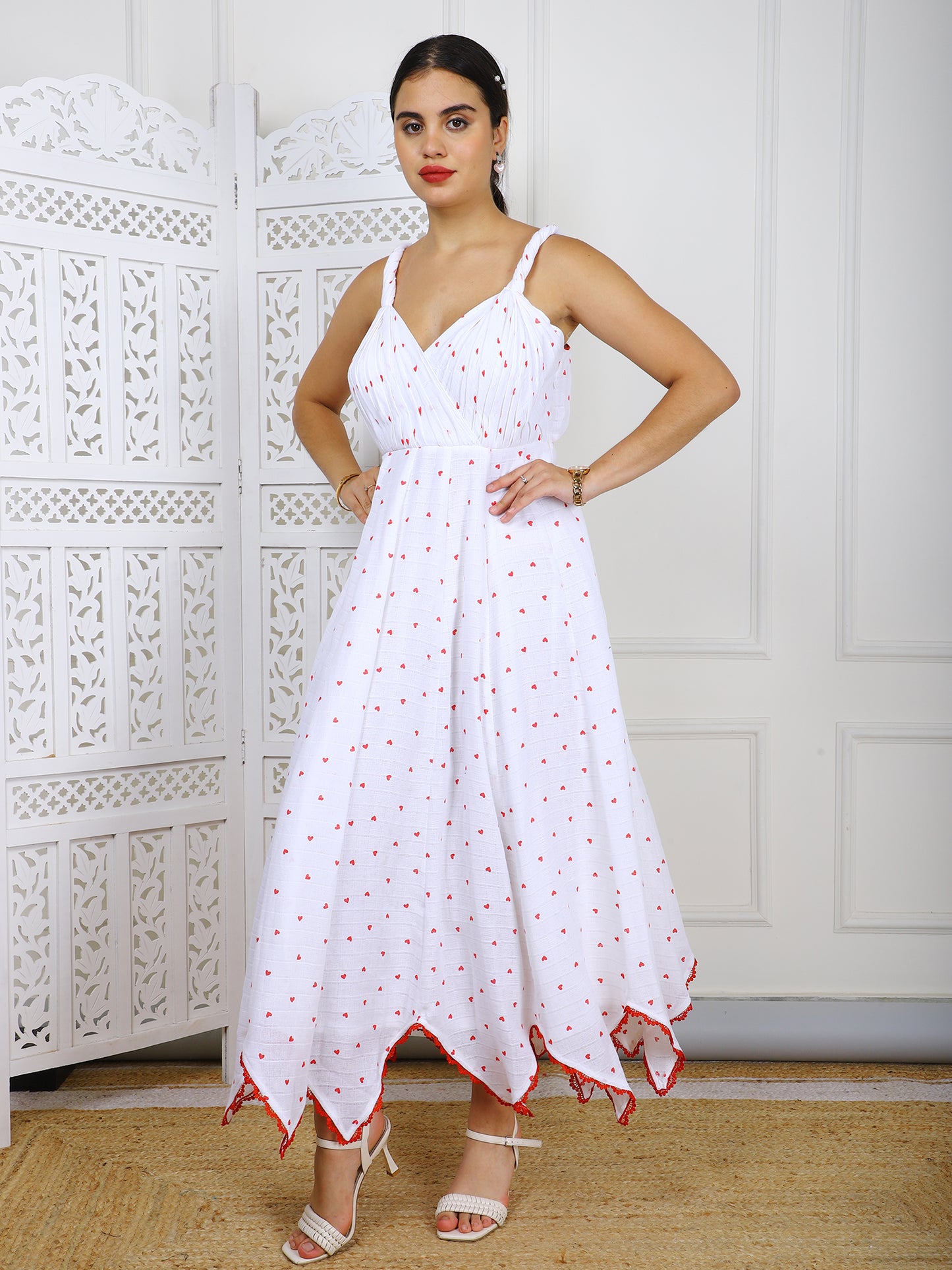 White & Red Kotta Doriya Maxi Dress - Traditional Striped Ethnic Wear