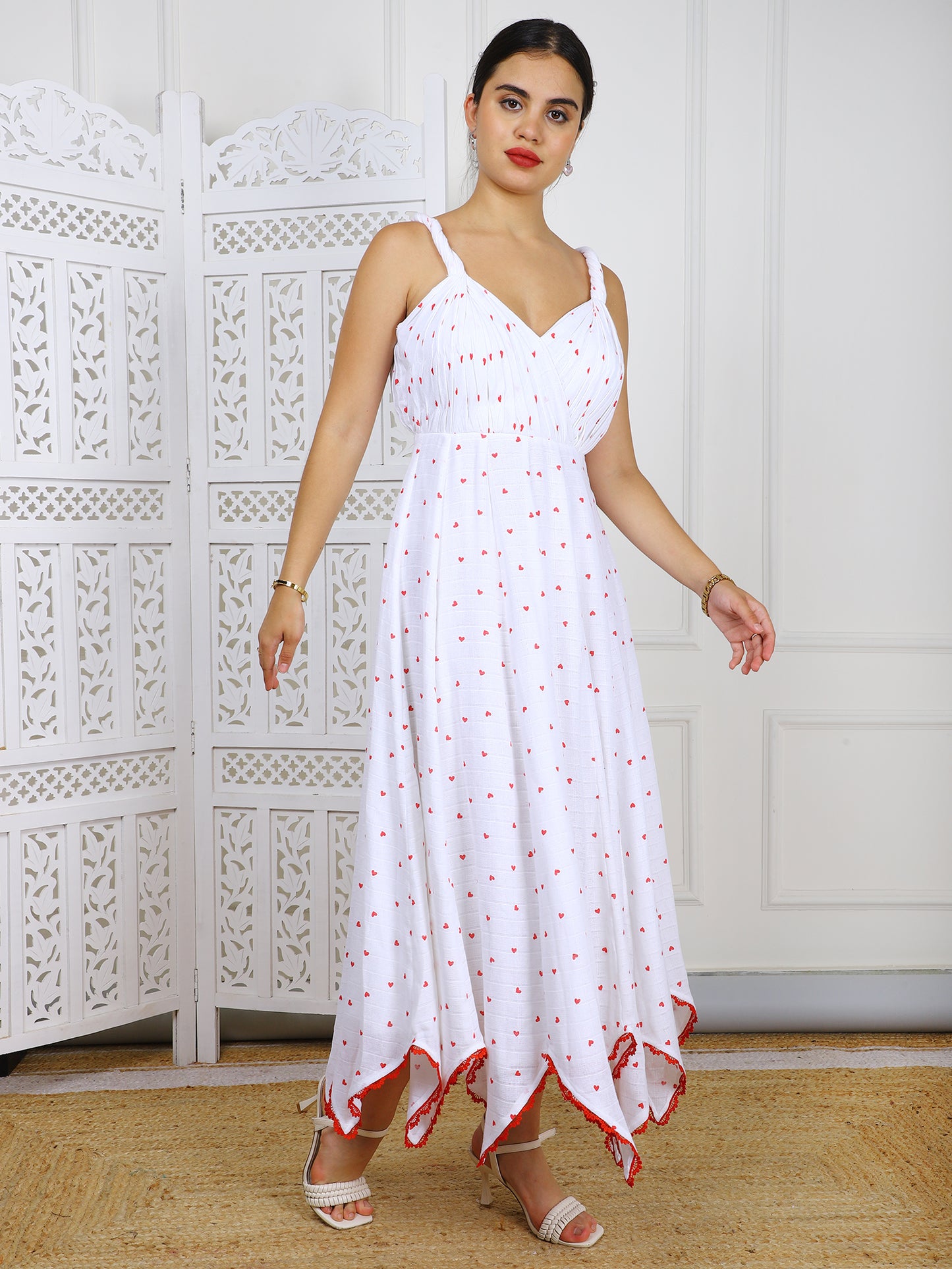 White & Red Kotta Doriya Maxi Dress - Traditional Striped Ethnic Wear
