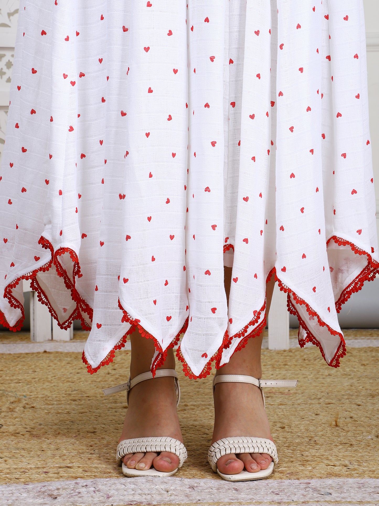 White & Red Kotta Doriya Maxi Dress - Traditional Striped Ethnic Wear