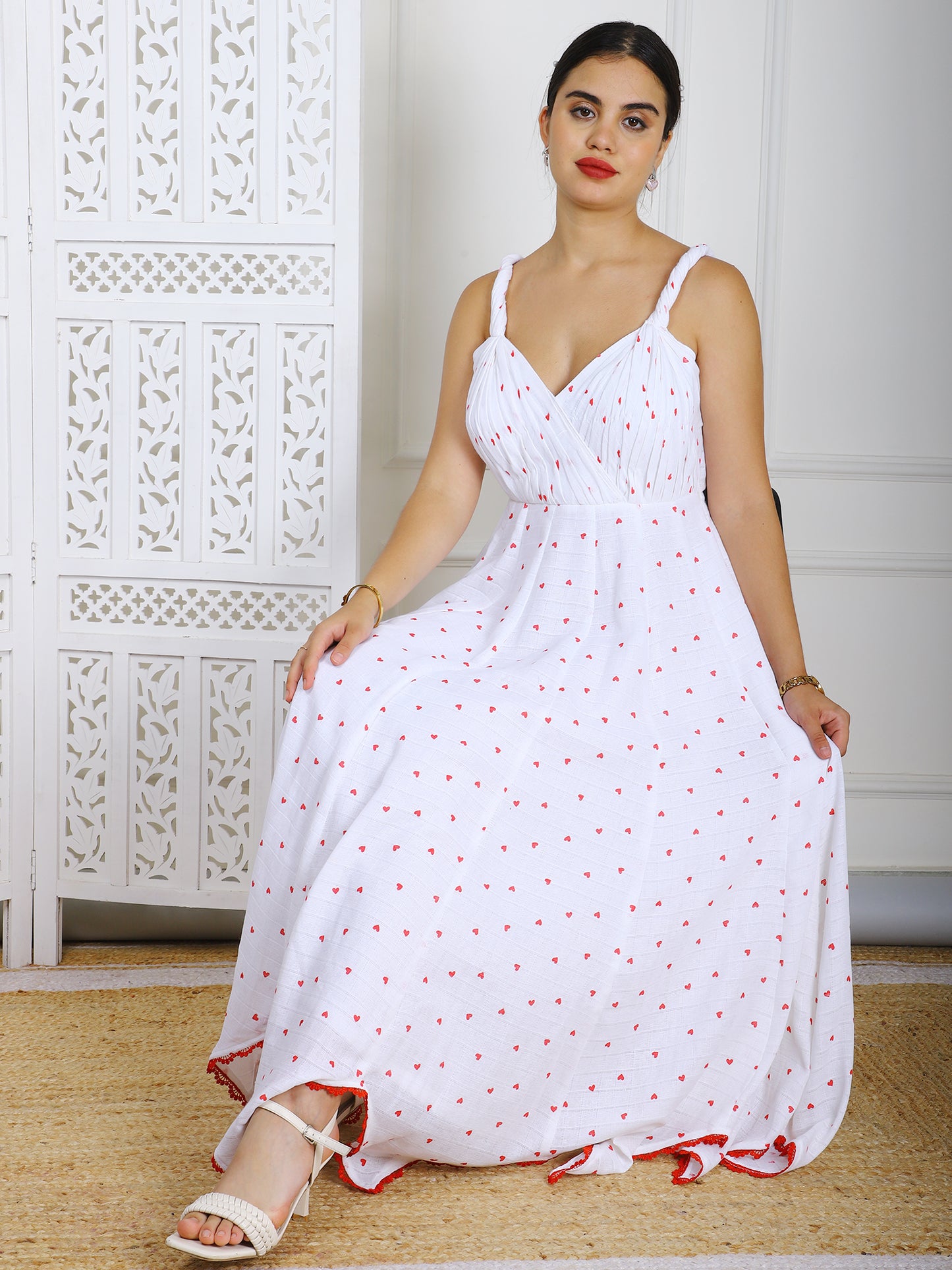 White & Red Kotta Doriya Maxi Dress - Traditional Striped Ethnic Wear