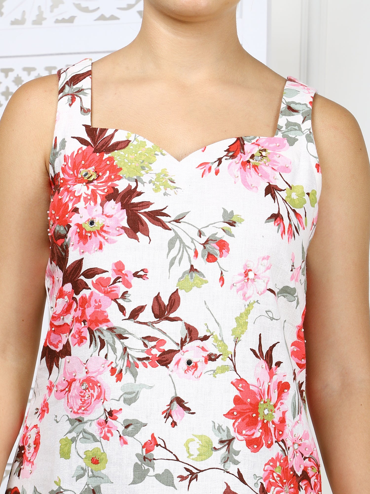 Floral Linen Top with Handwork Detailing